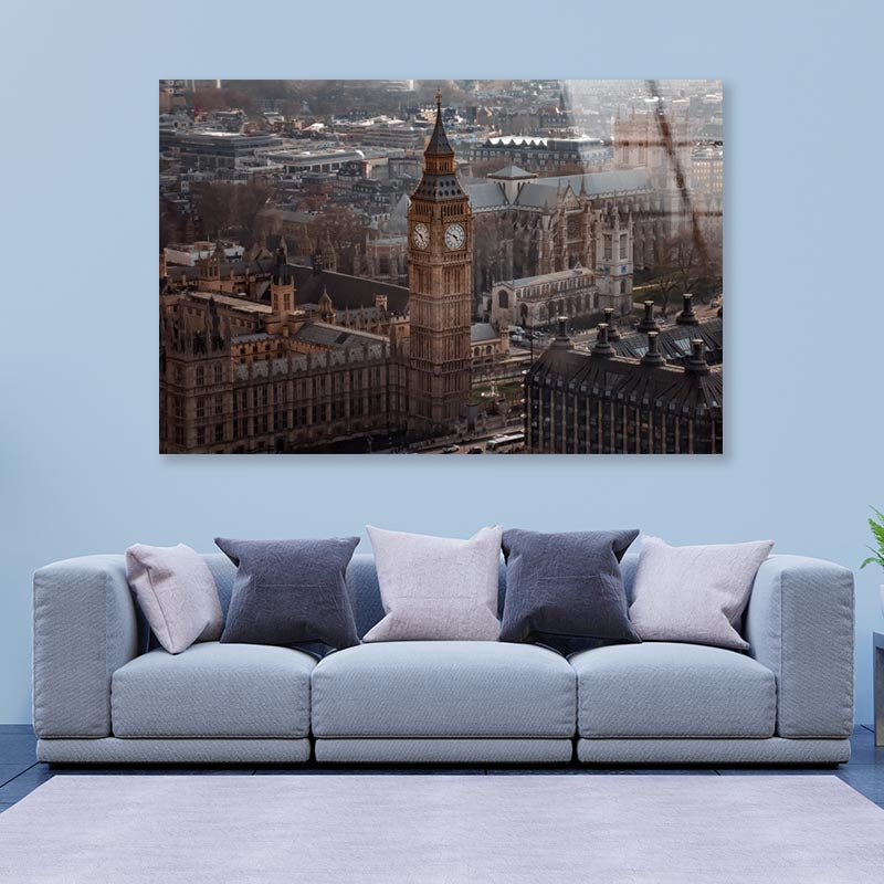 Aerial View Of Big Ben and London Cityscape, View from Above, Dramatic Sky Acrylic Glass Print Tempered Glass Wall Art 100% Made in Australia Ready to Hang