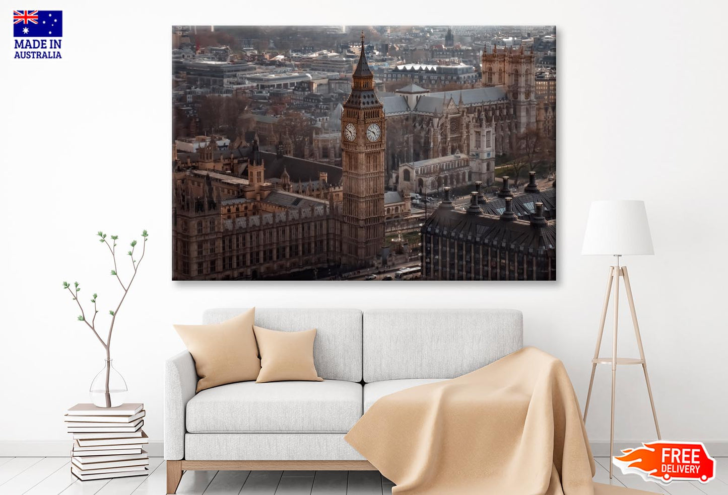 Aerial View Of Big Ben and London Cityscape, View from Above, Dramatic Sky Wall Art Decor 100% Australian Made