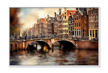 Amsterdam Houses & Bridge Oil Painting Wall Art Limited Edition High Quality Print Canvas Box Framed White