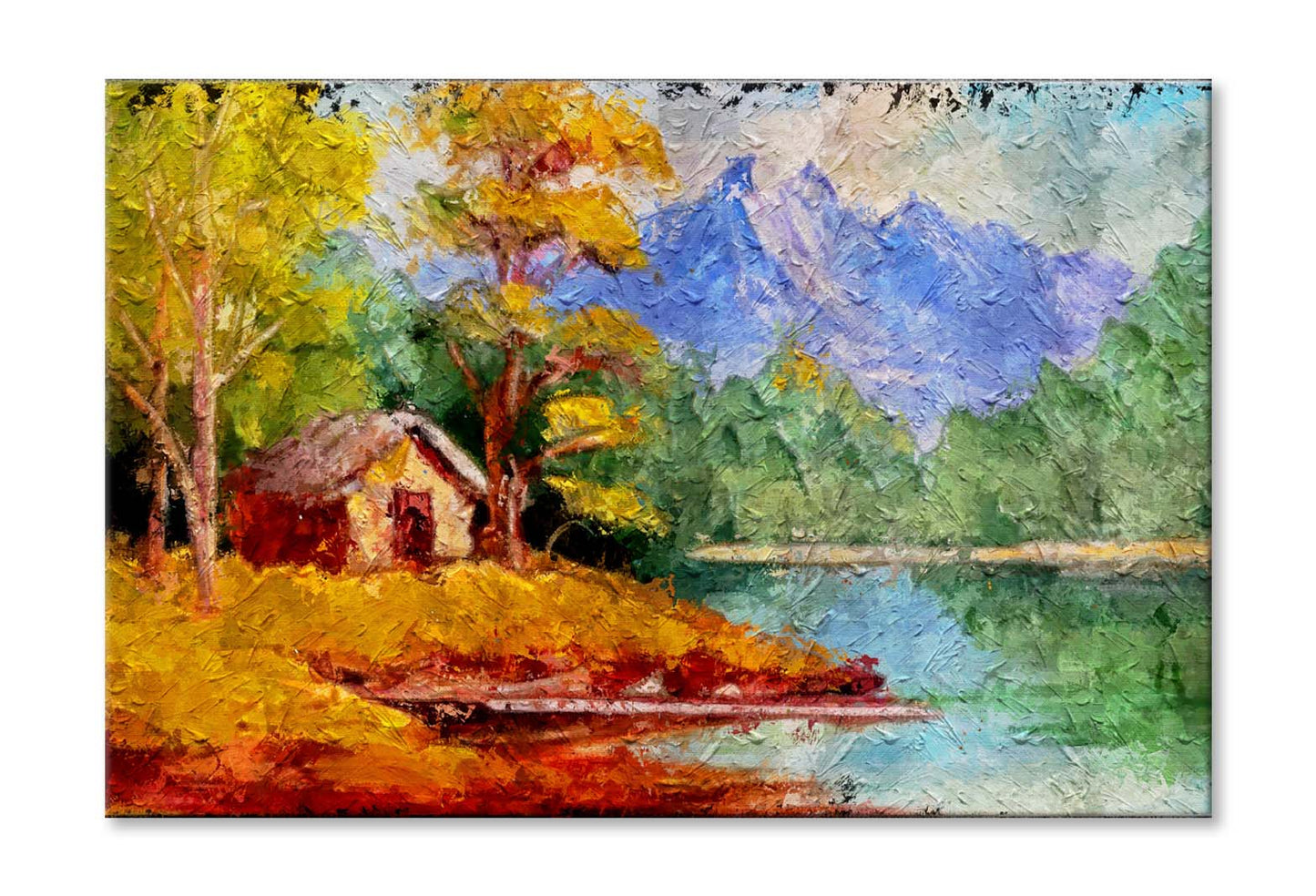 Fragment of Vintage Oil Painting Depicting a Small Cabin House near A Lake and Woods Wall Art Limited Edition High Quality Print