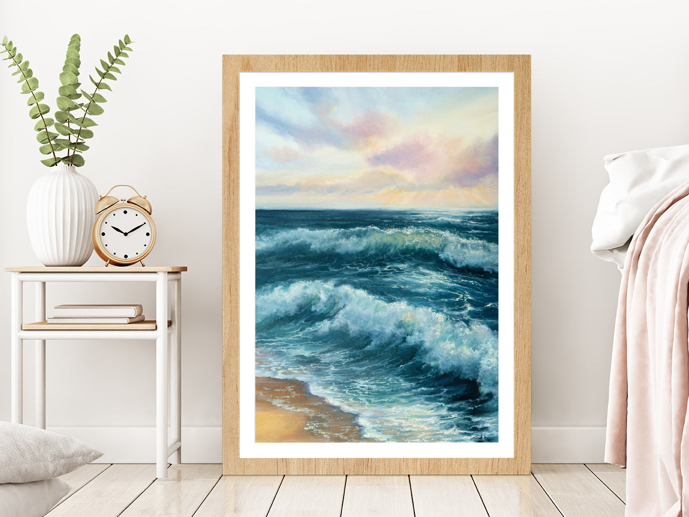 Ocean Beach Waves Watercolor Oil Painting Glass Framed Wall Art, Ready to Hang Quality Print With White Border Oak