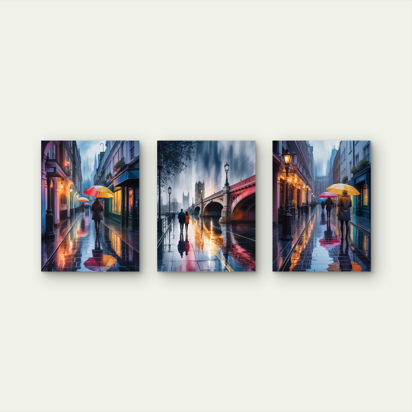 3pcs Rainy London City Street Night Scene Painting Wall Art Set Canvas Framed 40x60cm - High Quality Print 100% Australian Made Wall Canvas Ready to Hang