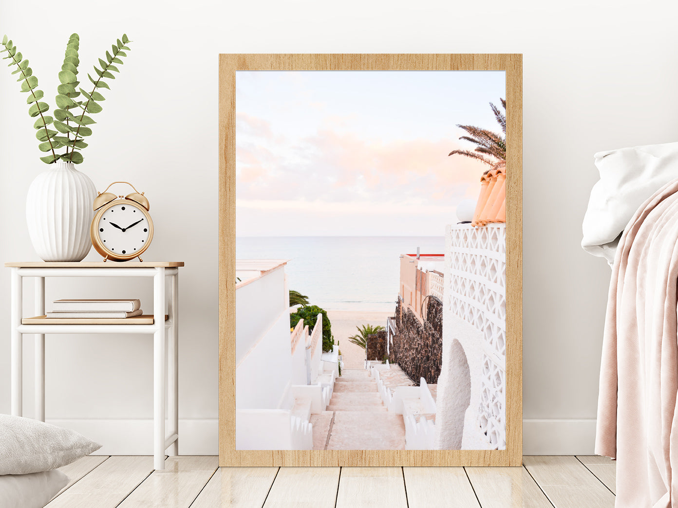 Stairs to Sea & House View Photograph Glass Framed Wall Art, Ready to Hang Quality Print Without White Border Oak