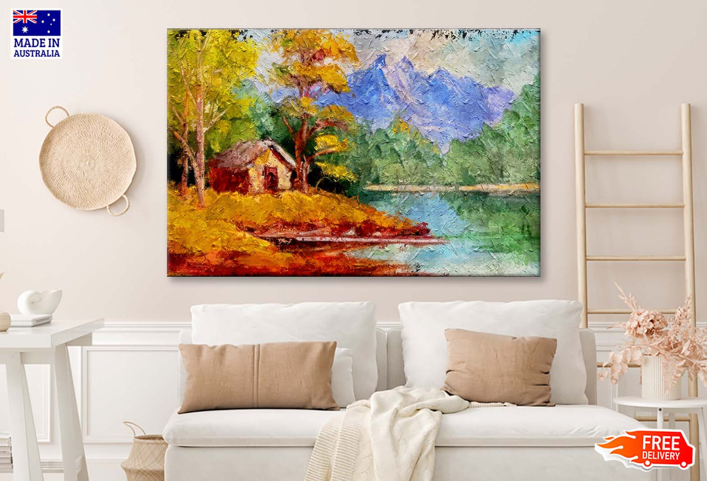 Fragment of Vintage Oil Painting Depicting a Small Cabin House near A Lake and Woods Wall Art Limited Edition High Quality Print