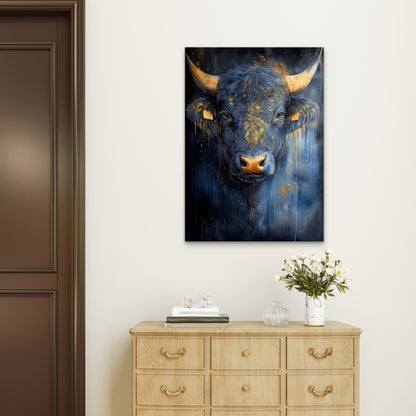 Abstract Gold Horn Blue Bull 60x90cm Metal Print Ready to Hang - Bella Home Decor