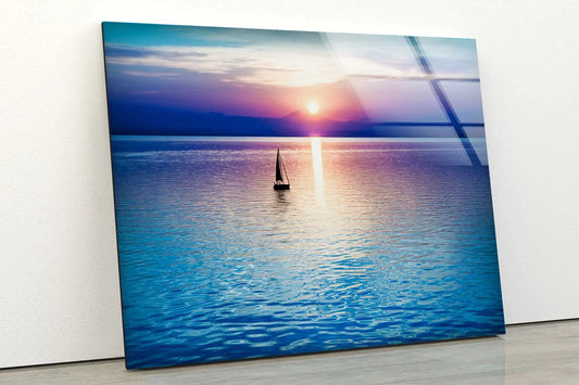 Boat on Sea Sunset View UV Direct Aluminum Print Australian Made Quality