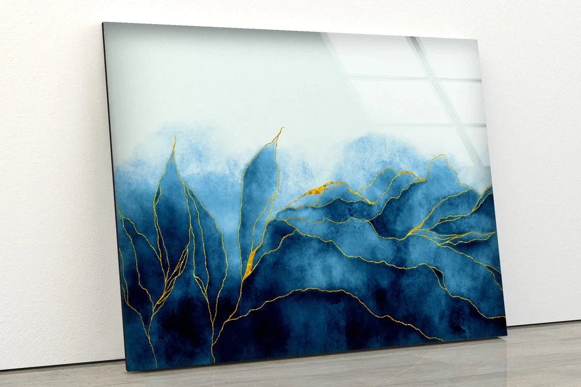 Blue Gold Line Abstract UV Direct Aluminum Print Australian Made Quality