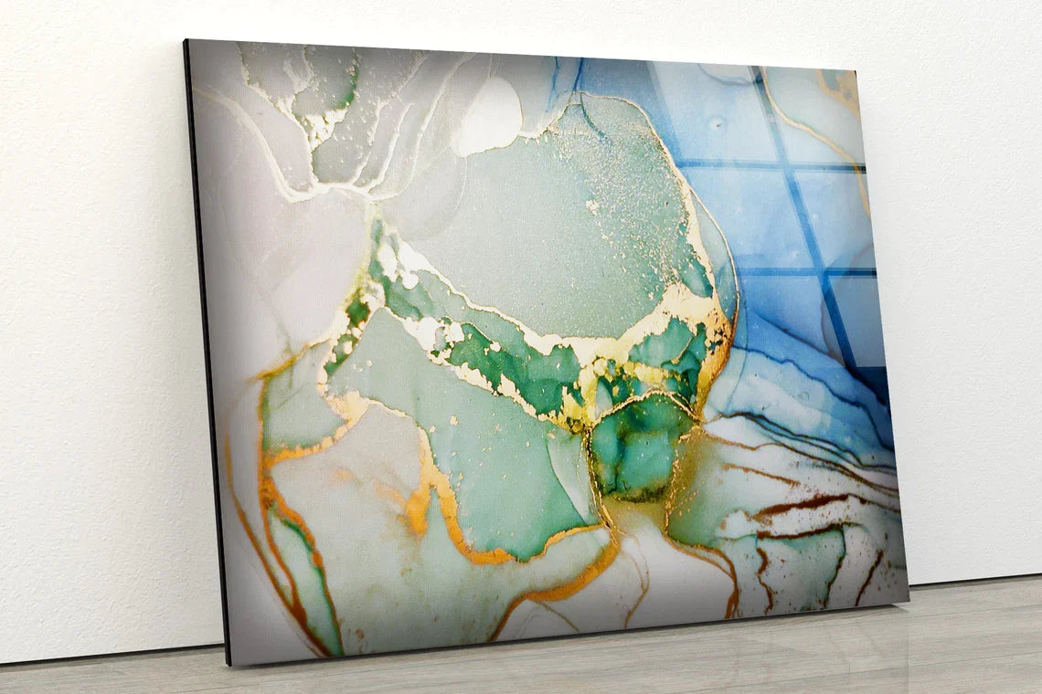 Blue Gold Green Marble UV Direct Aluminum Print Australian Made Quality