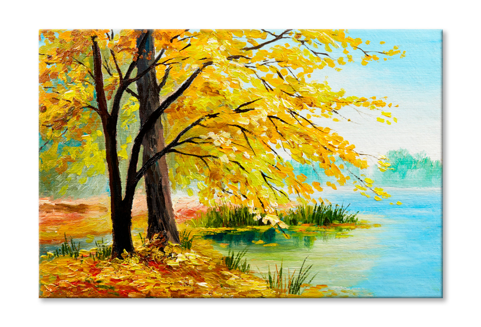 Colorful Autumn Forest & Lake Oil Painting Limited Edition High Quality Print Stretched Canvas None