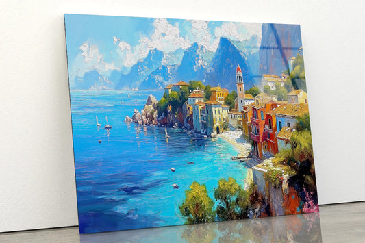 Seaside Town with Mountains & Houses Acrylic Glass Print Tempered Glass Wall Art 100% Made in Australia Ready to Hang