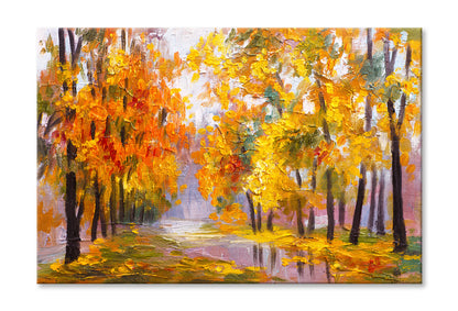 Autumn Forest with Fallen Leaves Trees Oil Painting Wall Art Limited Edition High Quality Print Stretched Canvas None