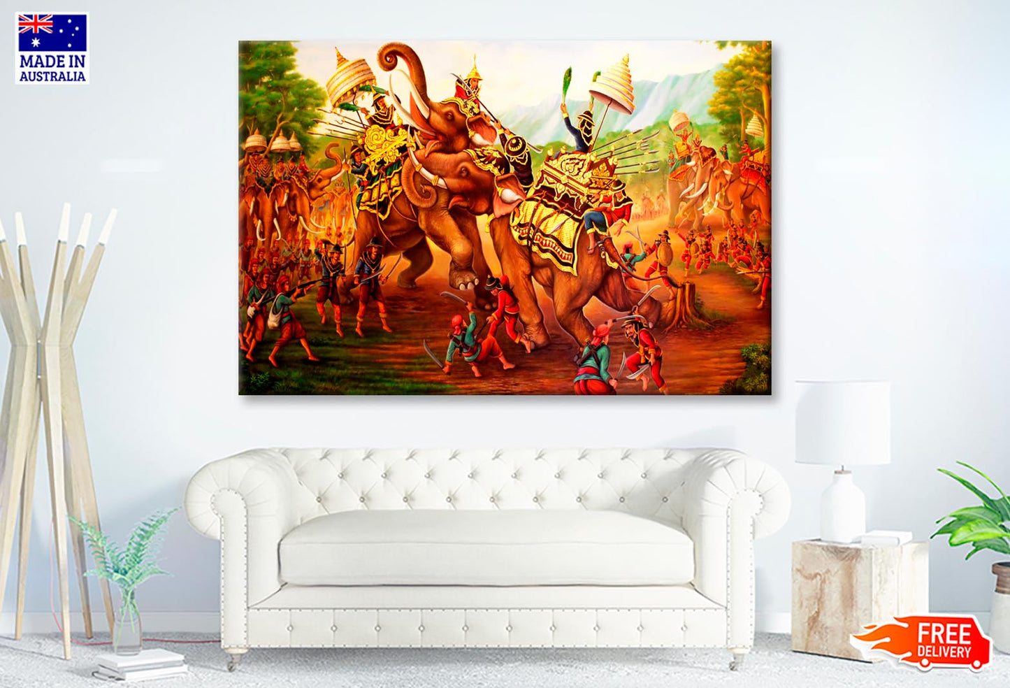 Military War Elephants Painting on Wall in The Temple. At Thailand Wall Art Decor 100% Australian Made