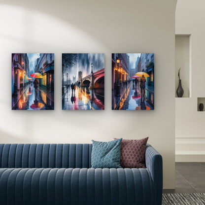 3pcs Rainy London City Street Night Scene Painting Wall Art Set Canvas Framed 40x60cm - High Quality Print 100% Australian Made Wall Canvas Ready to Hang