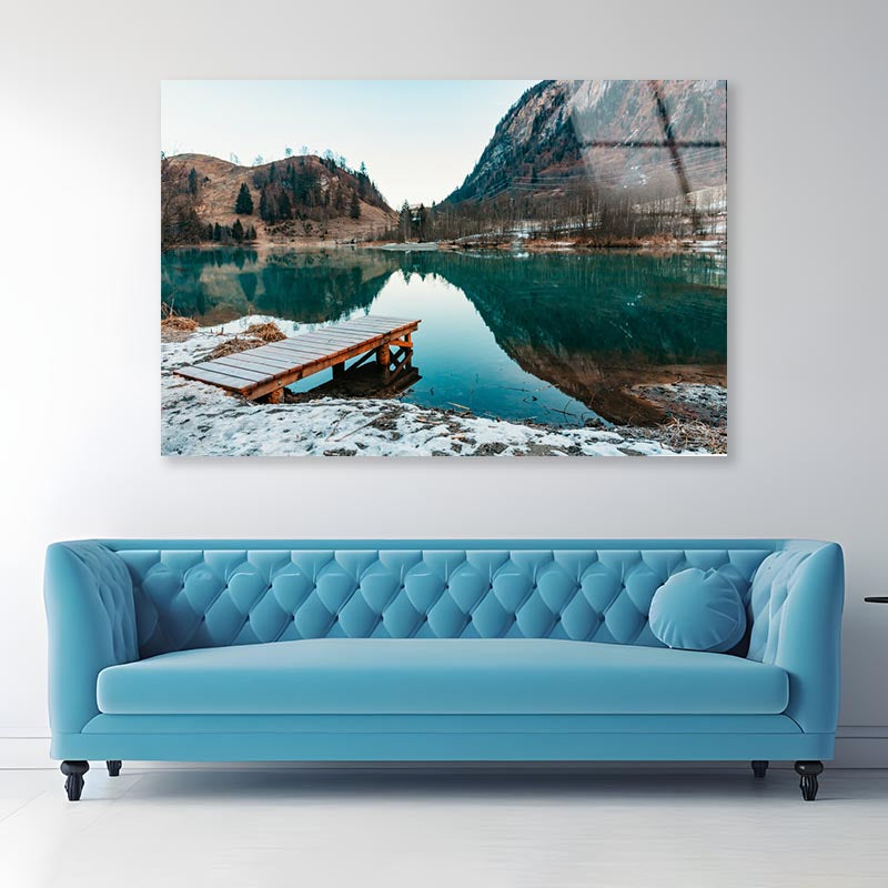 Mountain Lake Landscape & Wooden Pier Acrylic Glass Print Tempered Glass Wall Art 100% Made in Australia Ready to Hang - Bella Home Decor