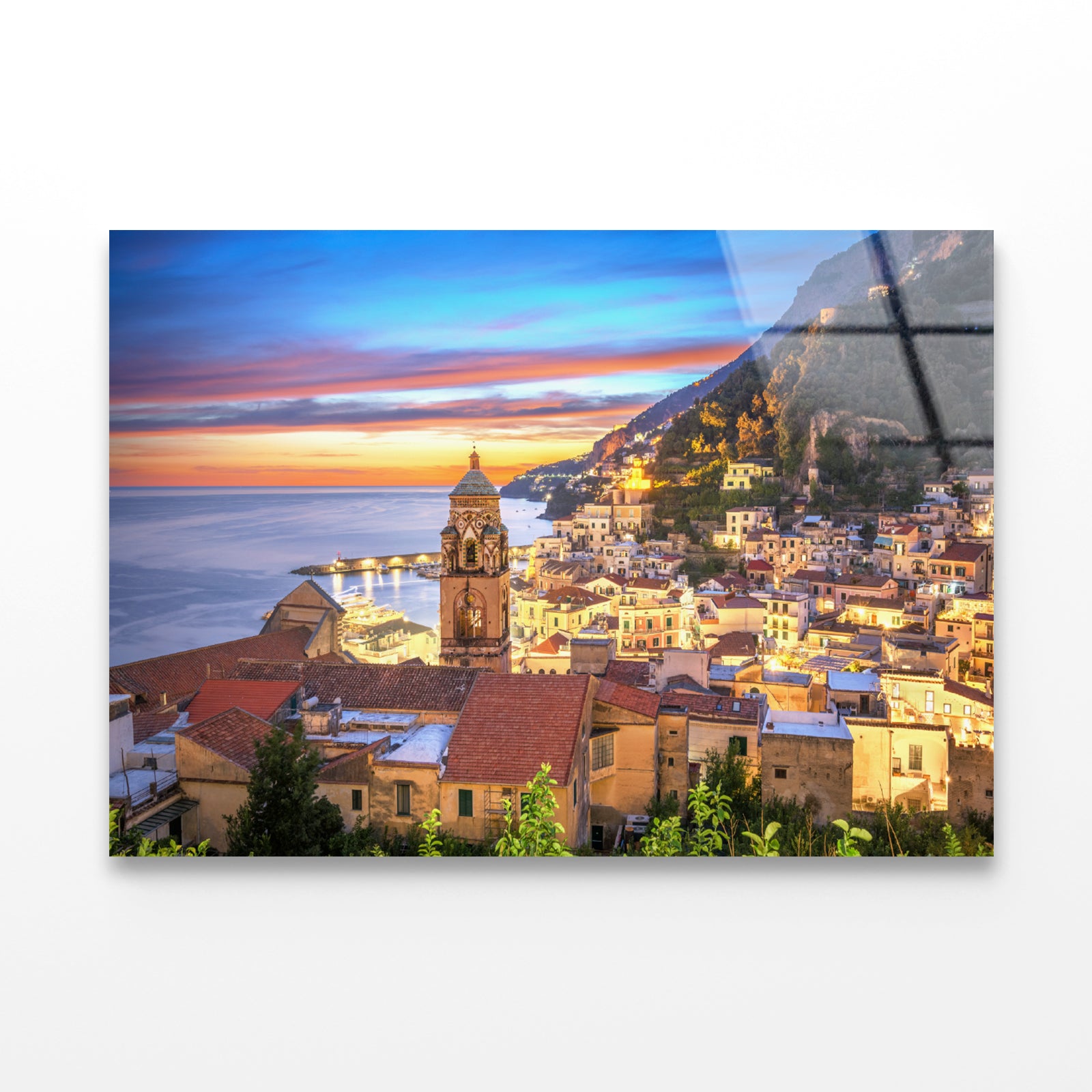 Blue & Orange Sky in Amalfi Coast Acrylic Glass Print Tempered Glass Wall Art 100% Made in Australia Ready to Hang - Bella Home Decor
