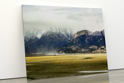 A Field with Mountains, Clouds, Snow, and Grass Acrylic Glass Print Tempered Glass Wall Art 100% Made in Australia Ready to Hang