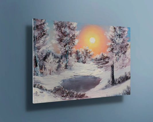 Winter Forest with snow trees sunset UV Direct Aluminum Print Australian Made Quality