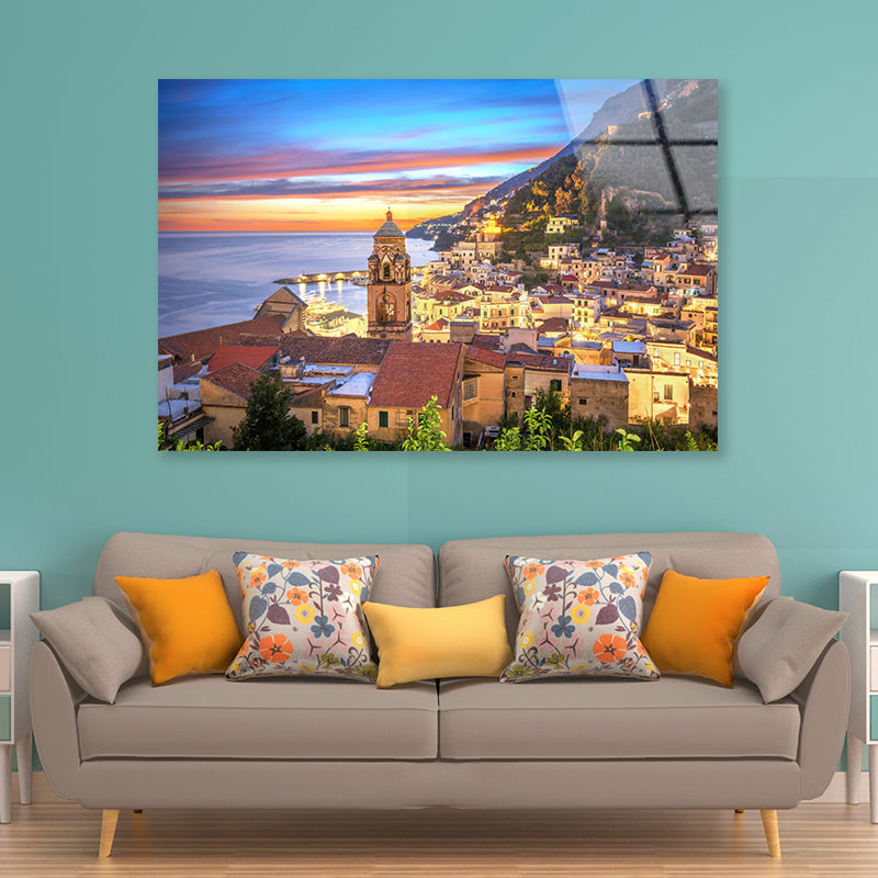 Blue & Orange Sky in Amalfi Coast Acrylic Glass Print Tempered Glass Wall Art 100% Made in Australia Ready to Hang - Bella Home Decor