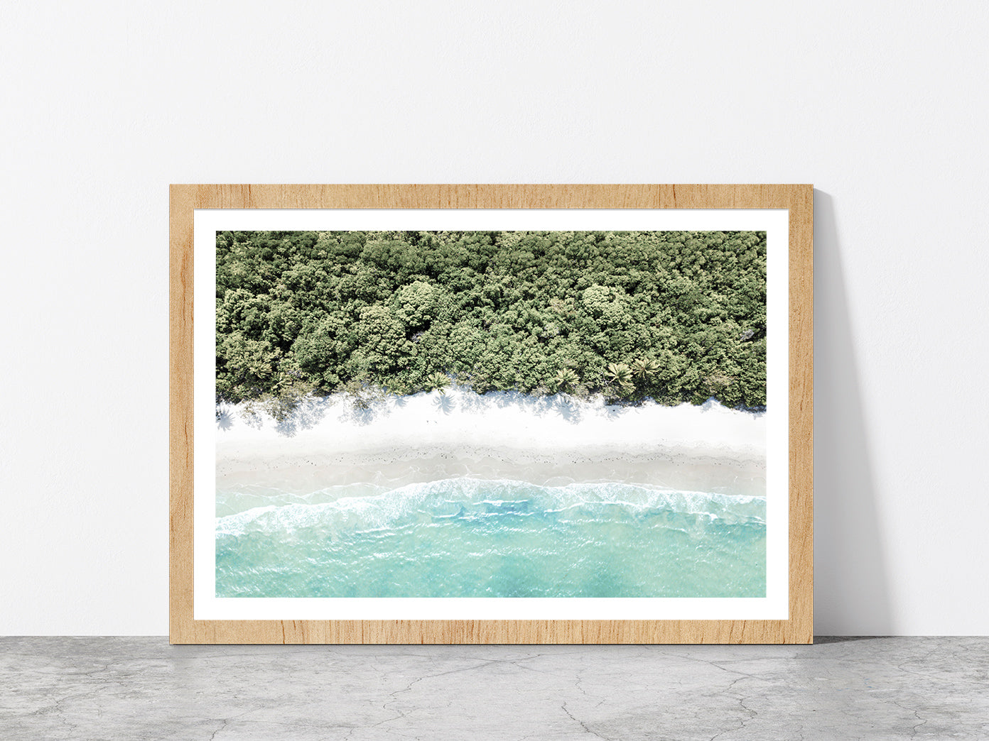 Forest near Beach Aerial View Photograph Glass Framed Wall Art, Ready to Hang Quality Print With White Border Oak