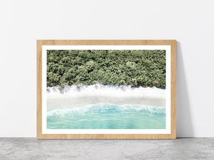 Forest near Beach Aerial View Photograph Glass Framed Wall Art, Ready to Hang Quality Print With White Border Oak