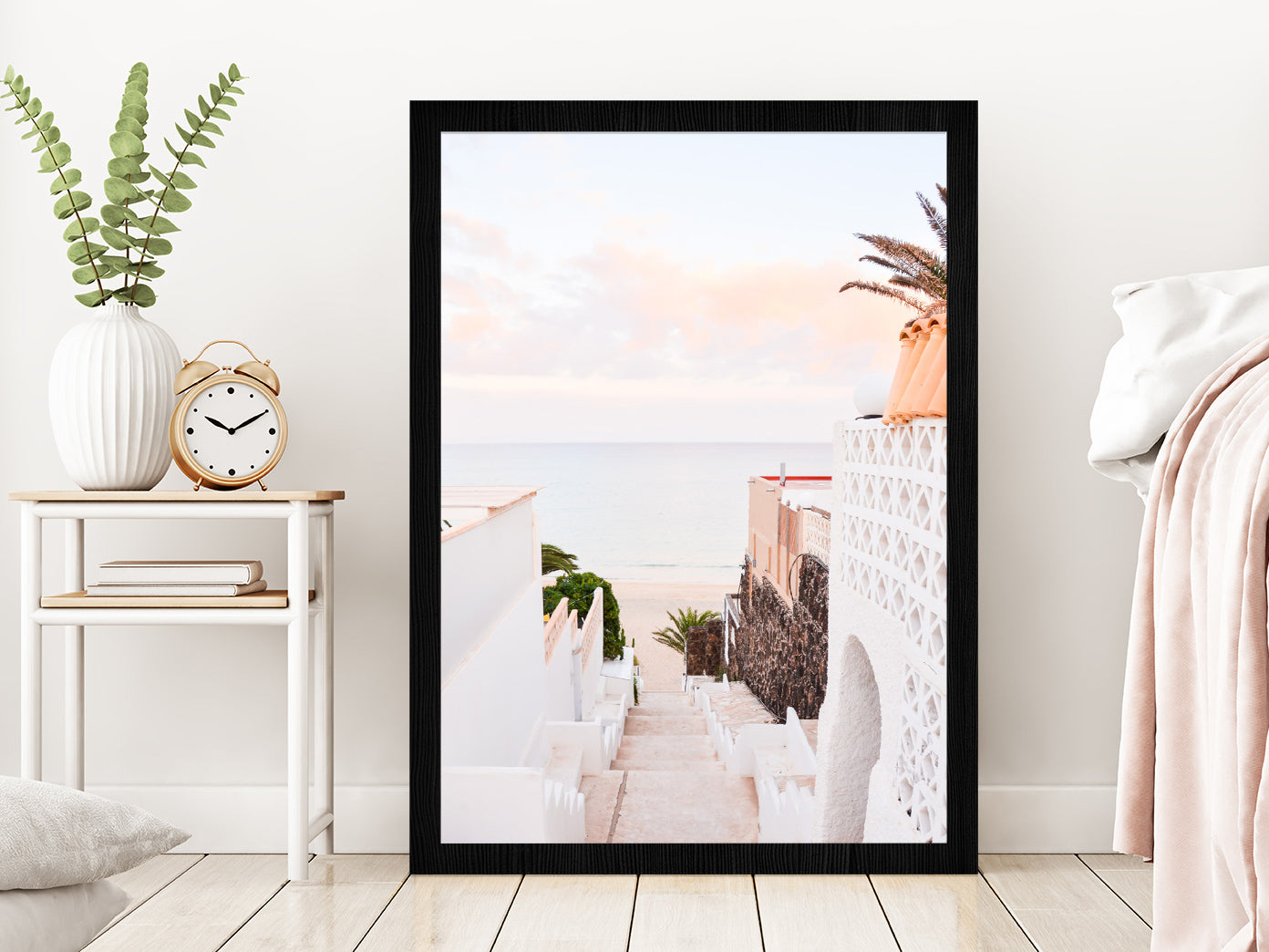 Stairs to Sea & House View Photograph Glass Framed Wall Art, Ready to Hang Quality Print Without White Border Black