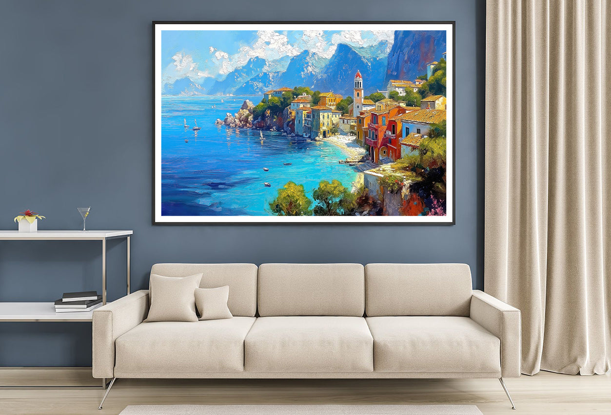 Seaside Town with Mountains & Houses Home Decor Premium Quality Poster Print Choose Your Sizes