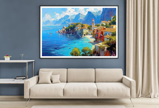 Seaside Town with Mountains & Houses Home Decor Premium Quality Poster Print Choose Your Sizes