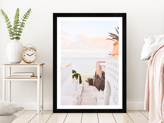 Stairs to Sea & House View Photograph Glass Framed Wall Art, Ready to Hang Quality Print With White Border Black