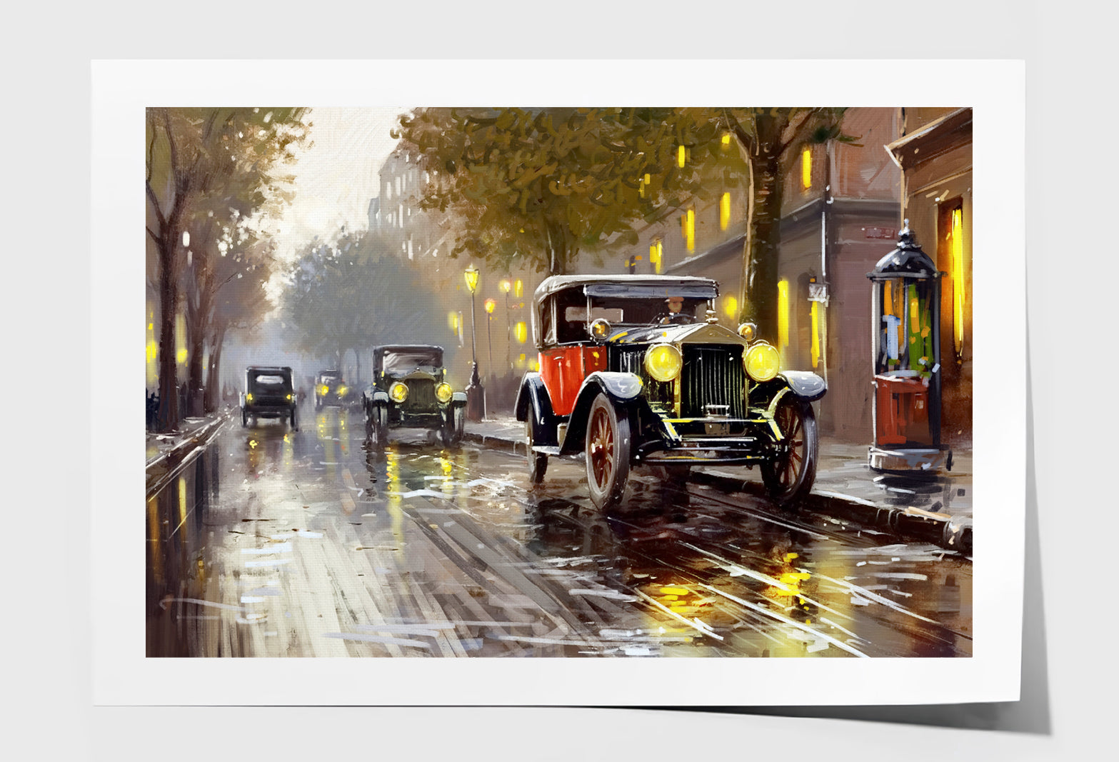 Old Cars on the City Street Oil Painting Wall Art Limited Edition High Quality Print Unframed Roll Canvas None