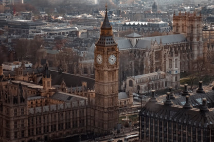 Aerial View Of Big Ben and London Cityscape, View from Above, Dramatic Sky Acrylic Glass Print Tempered Glass Wall Art 100% Made in Australia Ready to Hang