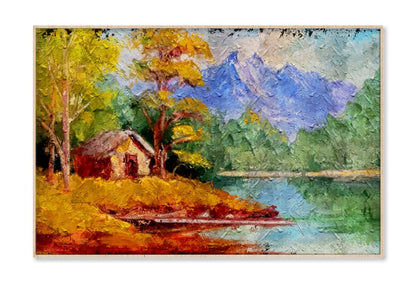 Fragment of Vintage Oil Painting Depicting a Small Cabin House near A Lake and Woods Wall Art Limited Edition High Quality Print