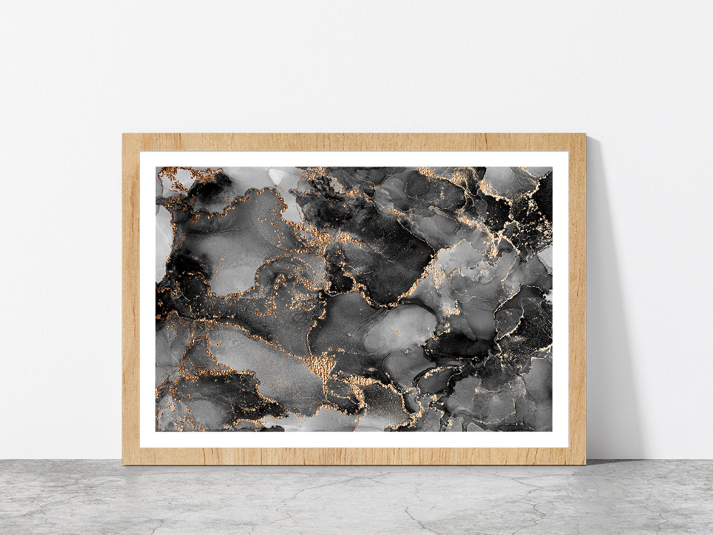 Alcohol Ink Grey & Gold Abstract Glass Framed Wall Art, Ready to Hang Quality Print With White Border Oak