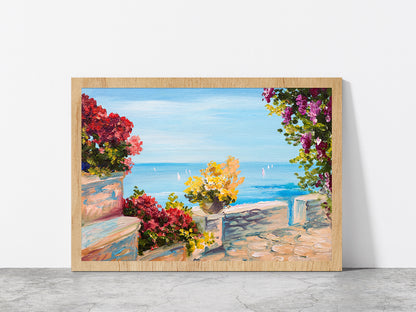 Terrace Near The Sea With Flowers Garden Glass Framed Wall Art, Ready to Hang Quality Print Without White Border Oak