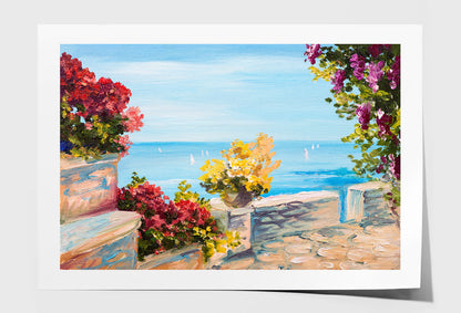 Terrace Near The Sea With Flowers Garden Oil Painting Wall Art Limited Edition High Quality Print Unframed Roll Canvas None