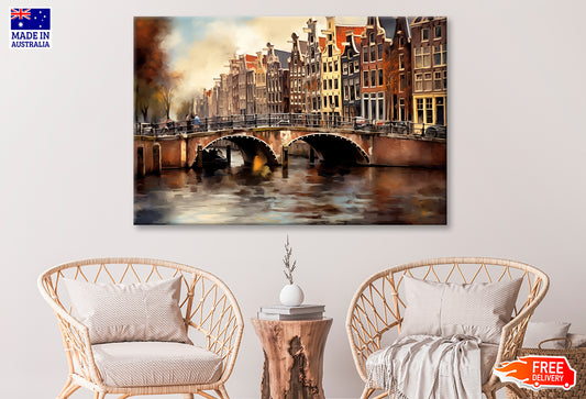 Amsterdam Houses & Bridge Oil Painting Wall Art Limited Edition High Quality Print