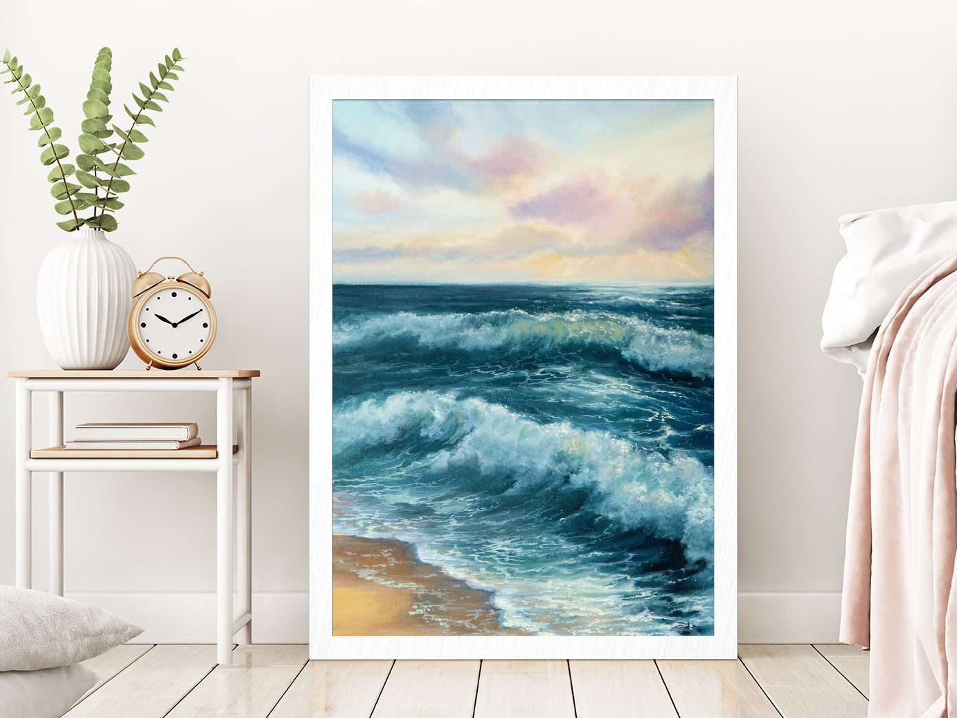 Ocean Beach Waves Watercolor Oil Painting Glass Framed Wall Art, Ready to Hang Quality Print Without White Border White