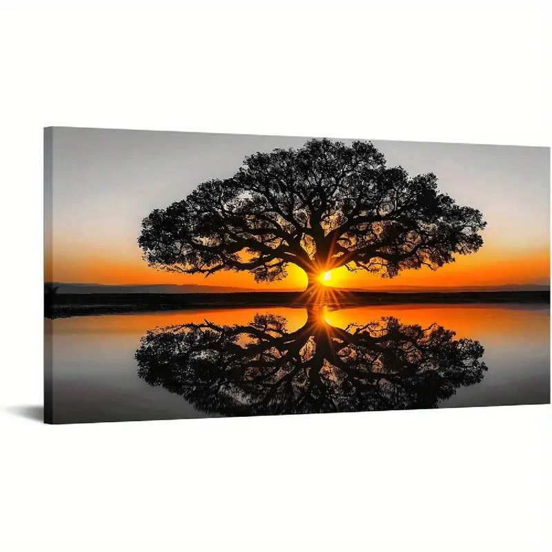Black and White Oak Tree Sunset Wall Art canvas office home room framed 120x60cm - Bella Home Decor