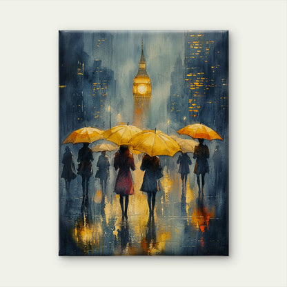 Rainy Day in London Abstract Watercolour Art with Yellow Umbrellas and Elizabeth Tower Vintage Wall Art Canvas Print 100% Australian Made - Bella Home Decor