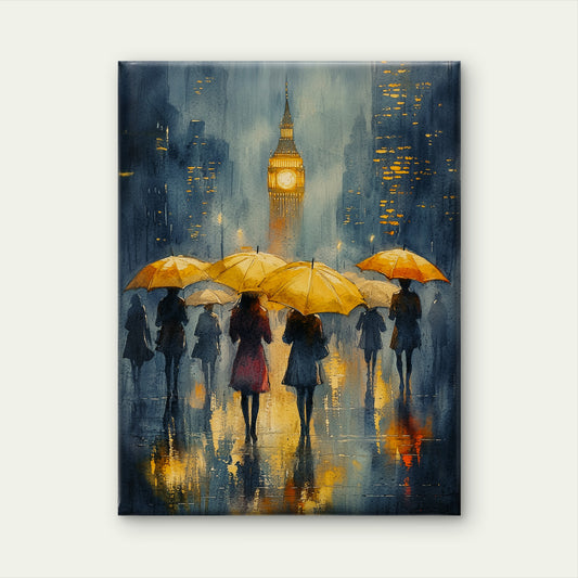 Rainy Day in London Abstract Watercolour Art with Yellow Umbrellas and Elizabeth Tower Vintage Wall Art Canvas Print 100% Australian Made - Bella Home Decor