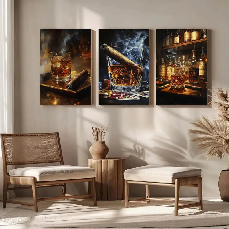 3pcs Vintage Whiskey & Cigar Metal Print Ready to Hang Art