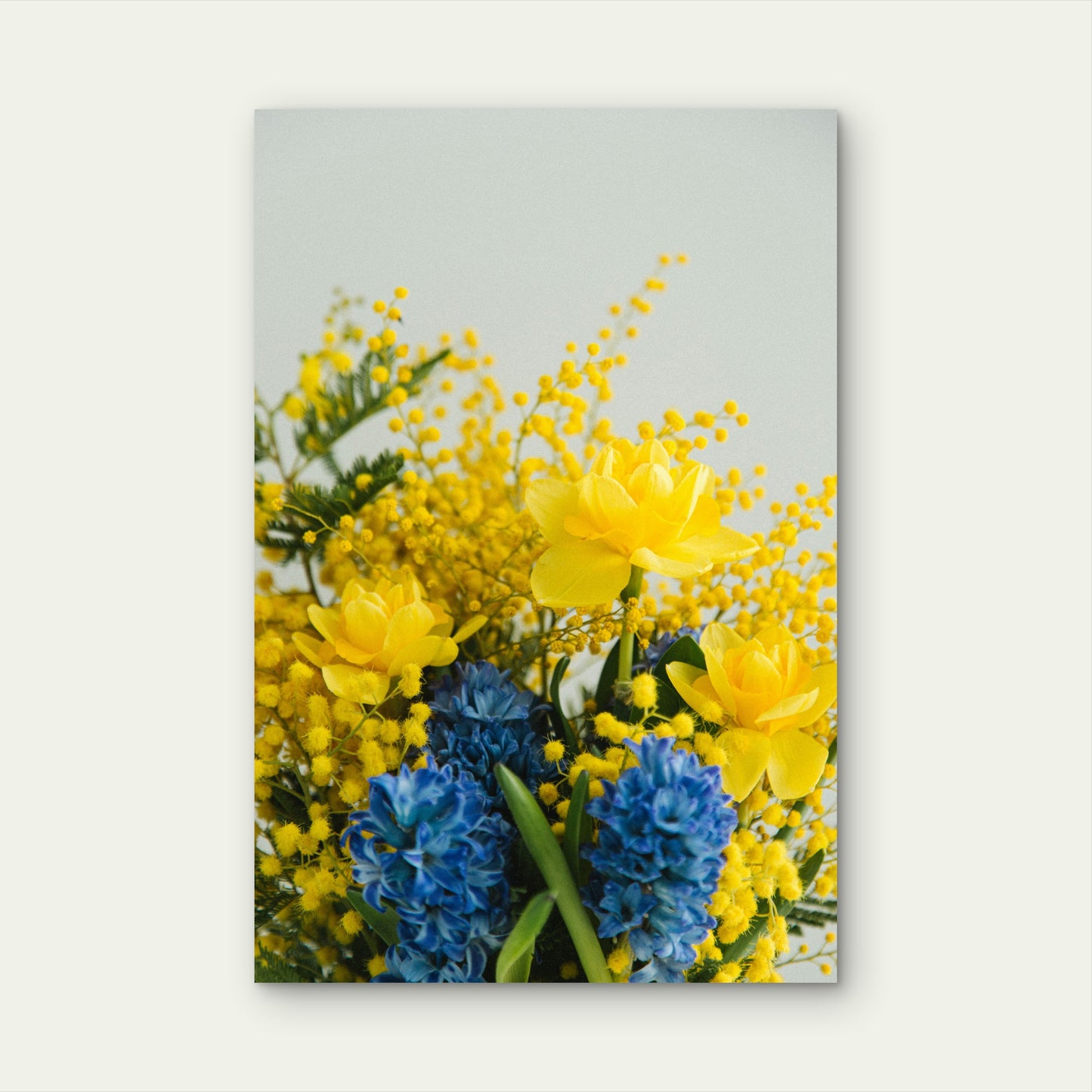 Bouquet Featuring Bright Yellow And Blue Flowers 60x90cm Metal Print Ready to Hang
