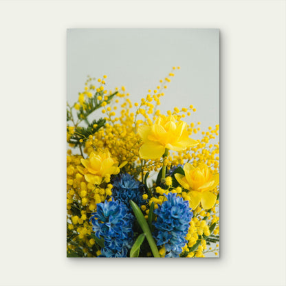 Bouquet Featuring Bright Yellow And Blue Flowers 60x90cm Metal Print Ready to Hang