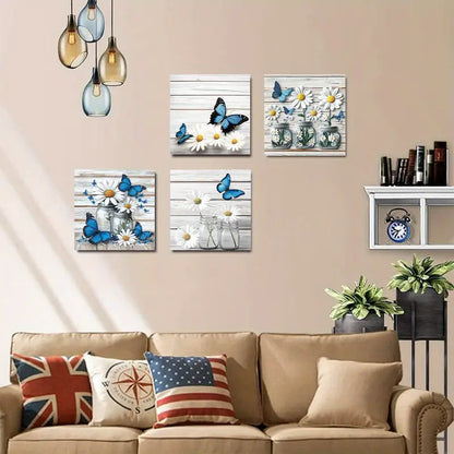 4pcs  odern Floral Mason Jar Paintings YU Wall Art Canvas Framed