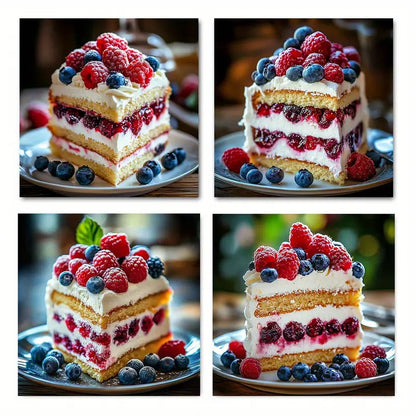 4pcs Blueberry Mulberry Cream Cake Wall Art Canvas Framed