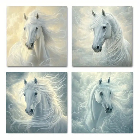 4pcs Flowing Mane & Cloudy Sky Design Wall Art Canvas Framed