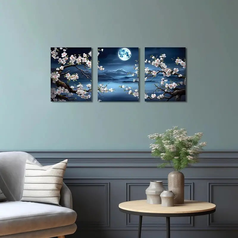 3pcs Dreamlike Cherry Blossom Moon Ocean Metal Print Ready to Hang Art - Bella Home Decor