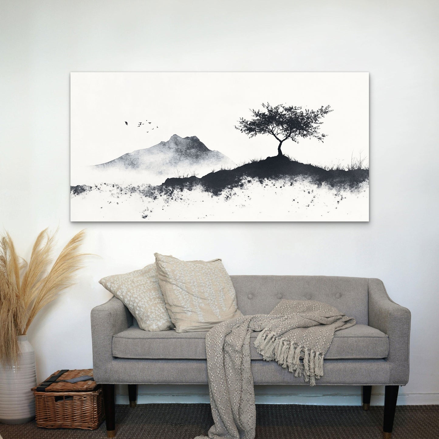 Mountain Tree Ink Wash Wall Art Canvas Office Home Room Framed 120x60cm