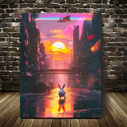 Cyberpunk Rabbit Under Glowing Sunset 40x60cm Metal Print Ready to Hang - Bella Home Decor