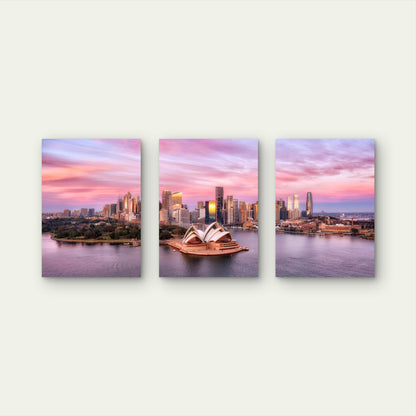 3pcs Sydney Opera House Sunset Skyline  Wall Art Set Canvas Framed 40x60cm - High Quality Print 100% Australian Made Wall Canvas Ready to Hang