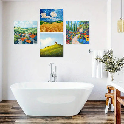 4pcs Green Hills, Orange Roof Houses, Blue Sky Wall Art Canvas Framed